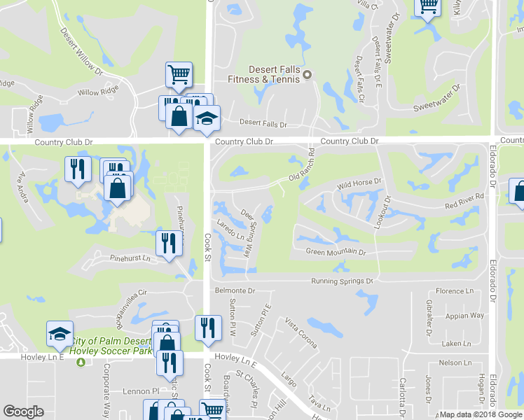 map of restaurants, bars, coffee shops, grocery stores, and more near 96 Deer Spring Court in Palm Desert