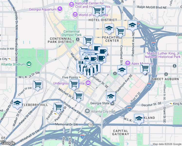 map of restaurants, bars, coffee shops, grocery stores, and more near 3 Edgewood Avenue Southeast in Atlanta