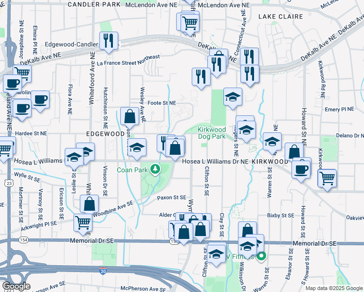 map of restaurants, bars, coffee shops, grocery stores, and more near 1633 Woodbine Avenue Northeast in Atlanta