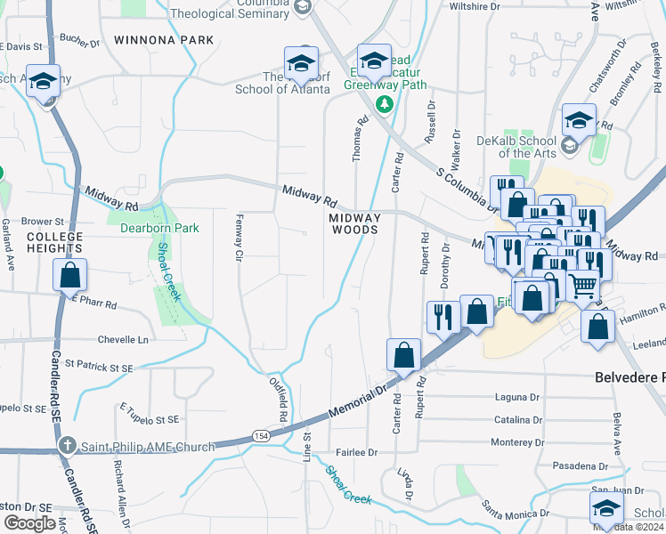 map of restaurants, bars, coffee shops, grocery stores, and more near 1352 Conway Road in Decatur
