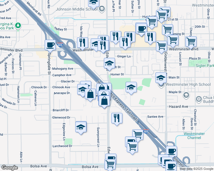 map of restaurants, bars, coffee shops, grocery stores, and more near 14281 Edwards Street in Westminster