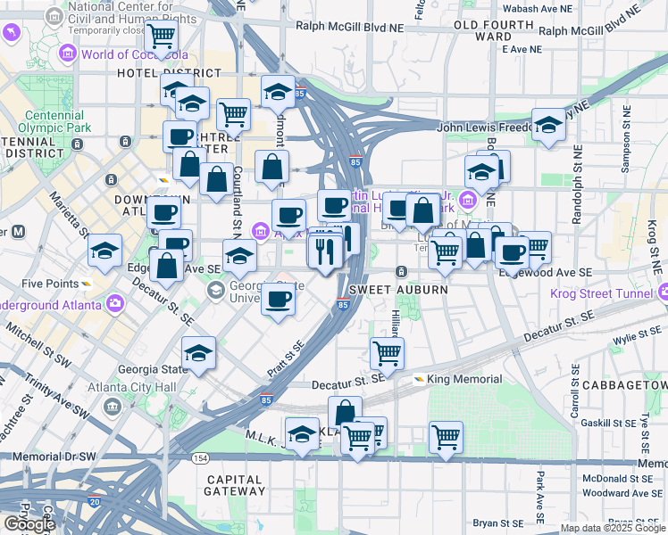 map of restaurants, bars, coffee shops, grocery stores, and more near 246 Edgewood Avenue Southeast in Atlanta