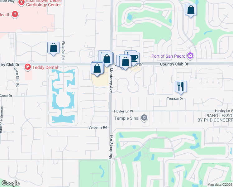 map of restaurants, bars, coffee shops, grocery stores, and more near 40472 Periwinkle Court in Palm Desert