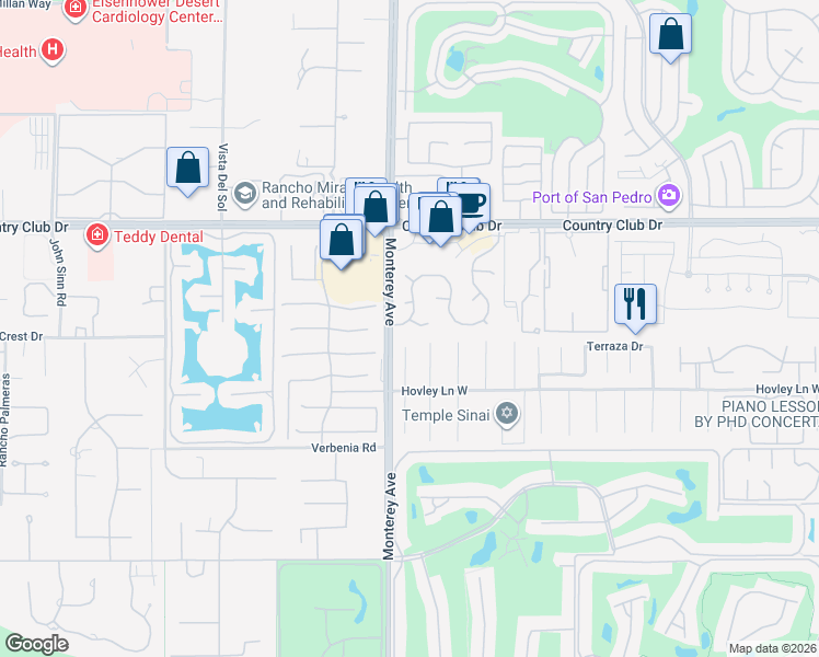 map of restaurants, bars, coffee shops, grocery stores, and more near 40472 Periwinkle Court in Palm Desert