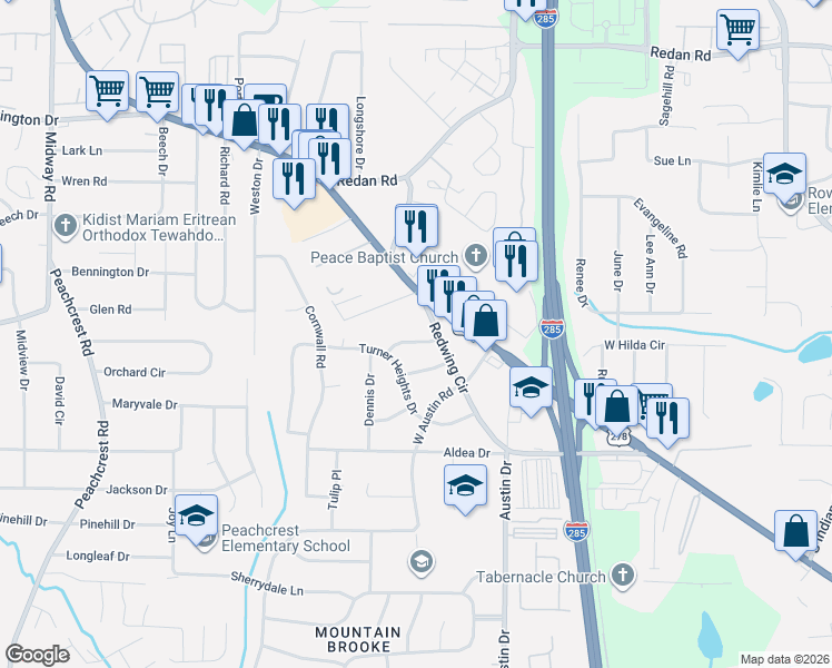 map of restaurants, bars, coffee shops, grocery stores, and more near 3728 Del Rio Terrace in Decatur