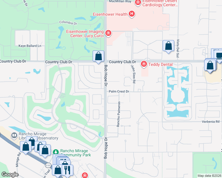 map of restaurants, bars, coffee shops, grocery stores, and more near 72056 Palm Crest Drive in Rancho Mirage