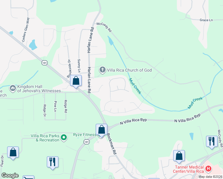 map of restaurants, bars, coffee shops, grocery stores, and more near 1109 Red Bud Circle in Villa Rica