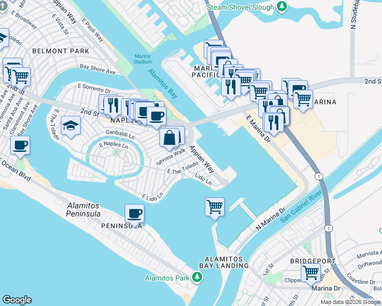 map of restaurants, bars, coffee shops, grocery stores, and more near 5946 Appian Way in Long Beach