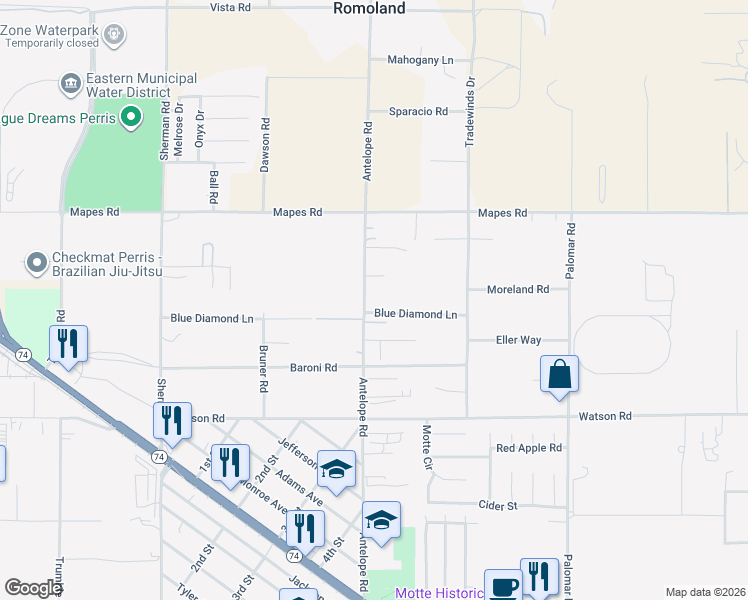 map of restaurants, bars, coffee shops, grocery stores, and more near 25240 Antelope Road in Romoland