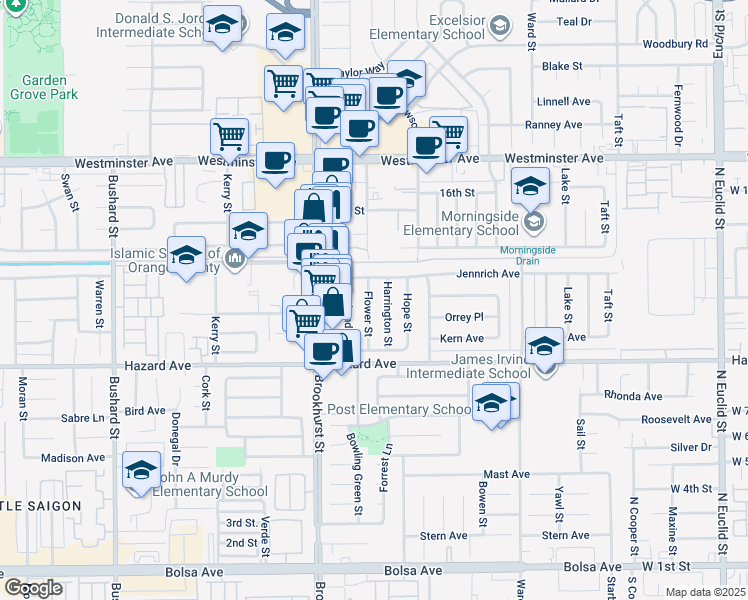 map of restaurants, bars, coffee shops, grocery stores, and more near 14332 Flower Street in Garden Grove