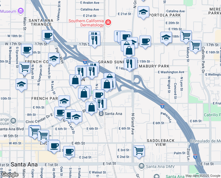 map of restaurants, bars, coffee shops, grocery stores, and more near 1027 Fuller Street in Santa Ana