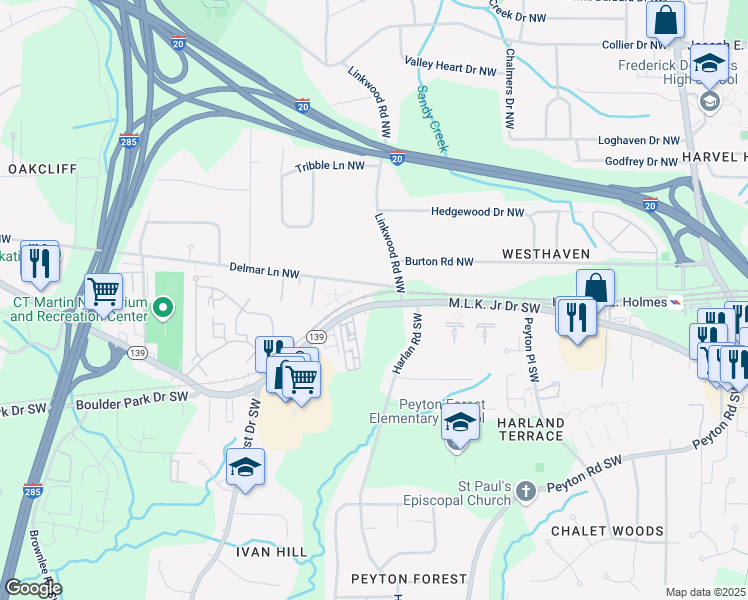 map of restaurants, bars, coffee shops, grocery stores, and more near 2931 Delmar Lane Northwest in Atlanta