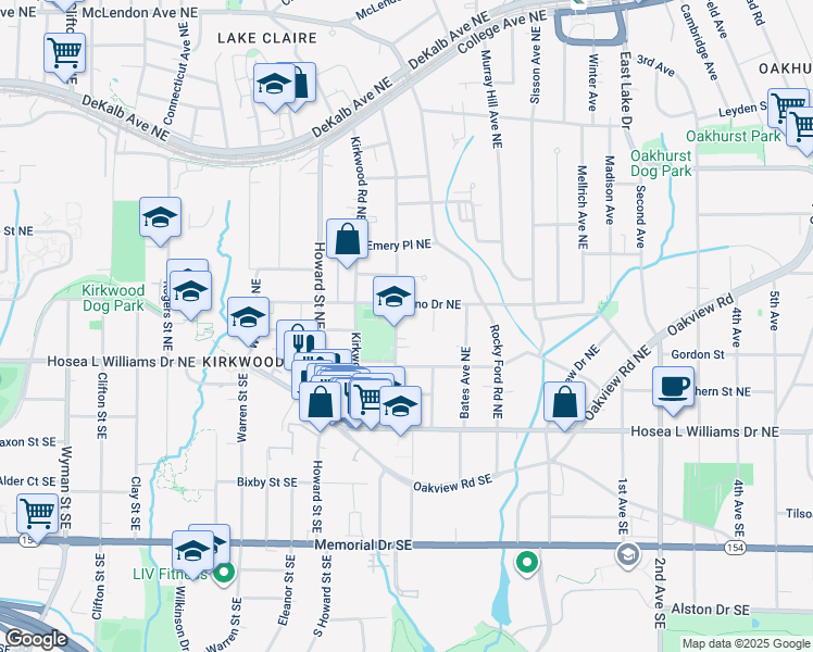 map of restaurants, bars, coffee shops, grocery stores, and more near 93 Norwood Avenue Northeast in Atlanta
