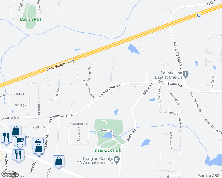 map of restaurants, bars, coffee shops, grocery stores, and more near 3321 West County Line Road in Douglasville
