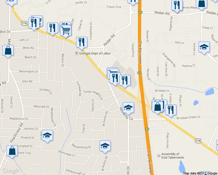 map of restaurants, bars, coffee shops, grocery stores, and more near 3728 Del Rio Terrace in Decatur
