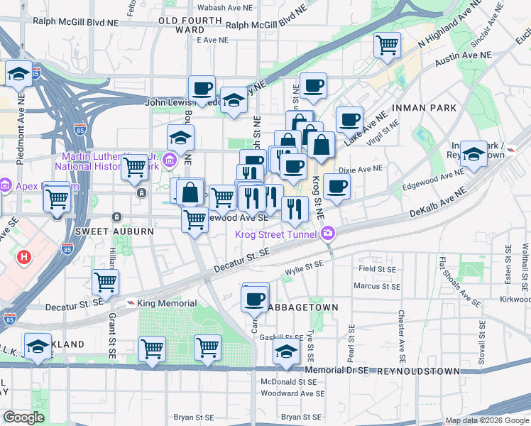 map of restaurants, bars, coffee shops, grocery stores, and more near in Atlanta