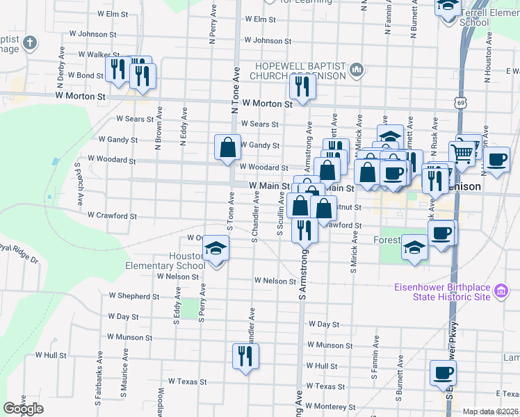 map of restaurants, bars, coffee shops, grocery stores, and more near 928 West Chestnut Street in Denison