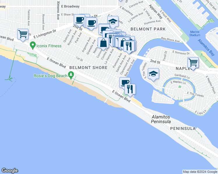 map of restaurants, bars, coffee shops, grocery stores, and more near 2 Santa Ana Avenue in Long Beach