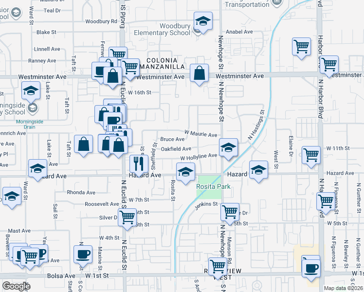 map of restaurants, bars, coffee shops, grocery stores, and more near 4721 West Oakfield Avenue in Santa Ana