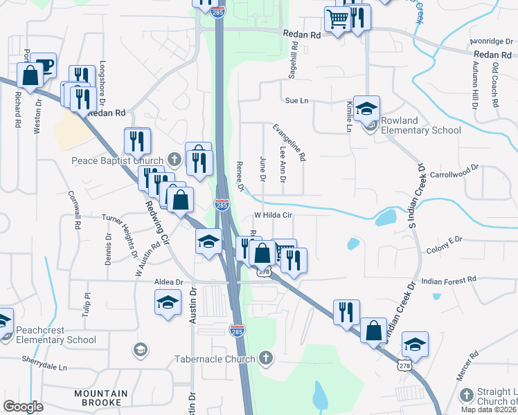 map of restaurants, bars, coffee shops, grocery stores, and more near 3914 West Hilda Circle in Decatur