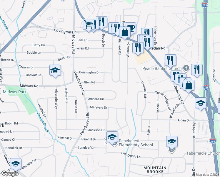 map of restaurants, bars, coffee shops, grocery stores, and more near 3506 Orchard Circle in Decatur