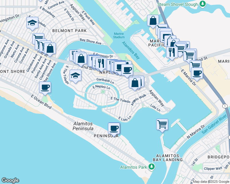map of restaurants, bars, coffee shops, grocery stores, and more near 142 Rivo Alto Canal in Long Beach