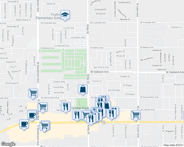 map of restaurants, bars, coffee shops, grocery stores, and more near 2471 West Oakland Avenue in Hemet