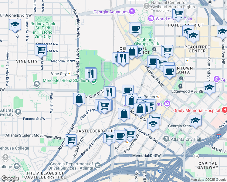 map of restaurants, bars, coffee shops, grocery stores, and more near 250 Martin Luther King Junior Drive Southwest in Atlanta