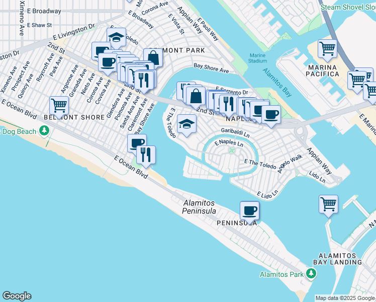 map of restaurants, bars, coffee shops, grocery stores, and more near 5530 East The Toledo in Long Beach