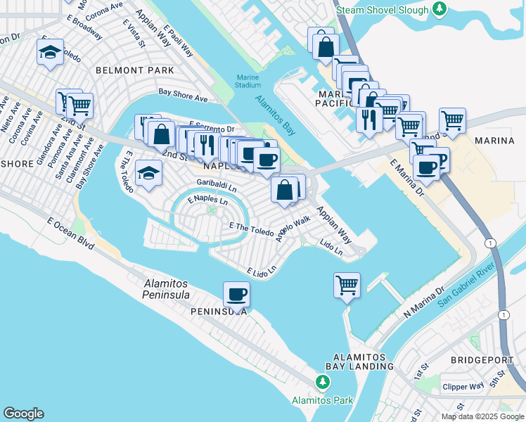 map of restaurants, bars, coffee shops, grocery stores, and more near 133 North Syracuse Walk in Long Beach