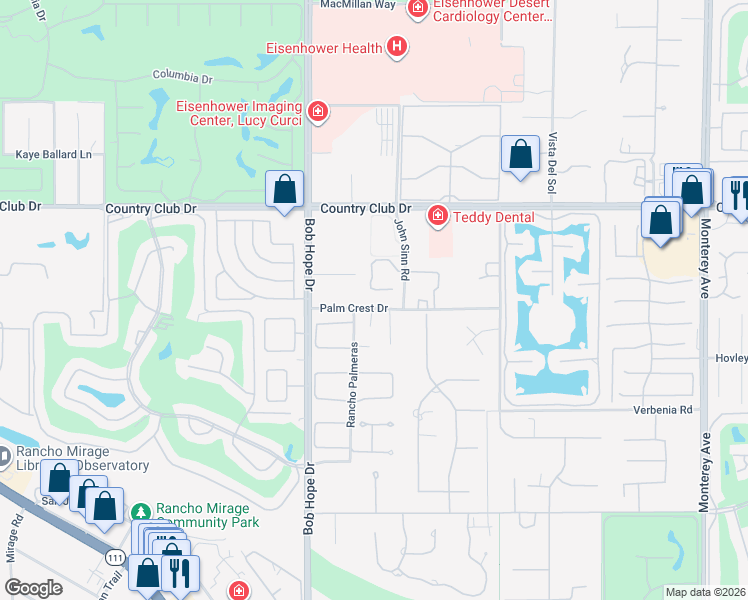 map of restaurants, bars, coffee shops, grocery stores, and more near Dominion Court in Rancho Mirage