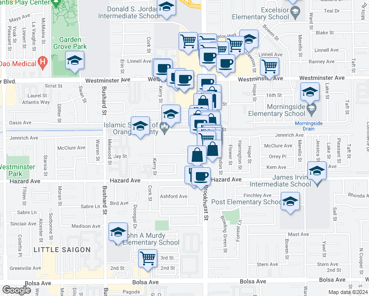 map of restaurants, bars, coffee shops, grocery stores, and more near 9889 Bria Lane in Garden Grove