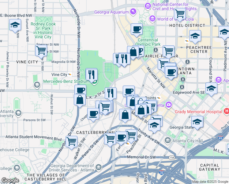 map of restaurants, bars, coffee shops, grocery stores, and more near 290 Martin Luther King Junior Drive Southwest in Atlanta