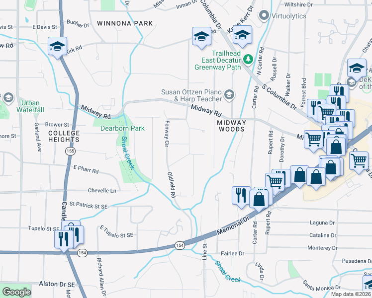 map of restaurants, bars, coffee shops, grocery stores, and more near 1355 Oldfield Road in Decatur
