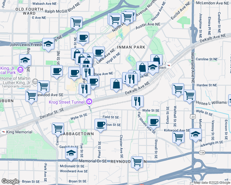 map of restaurants, bars, coffee shops, grocery stores, and more near 840 DeKalb Avenue Northeast in Atlanta