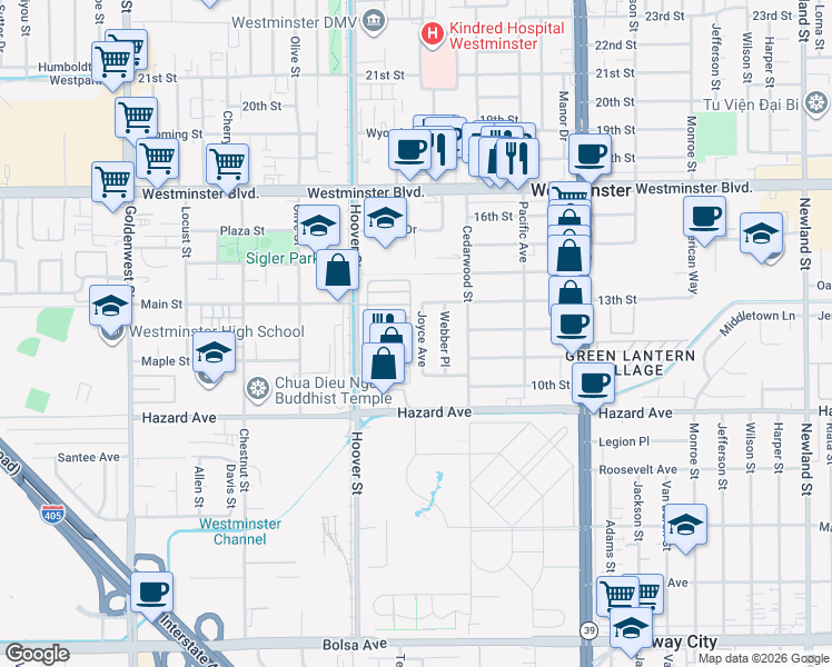 map of restaurants, bars, coffee shops, grocery stores, and more near 14311 Joyce Avenue in Westminster