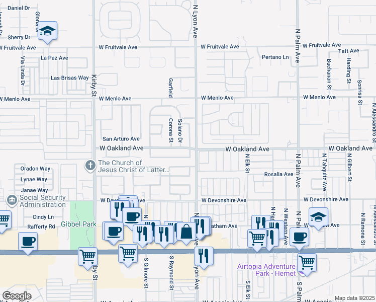 map of restaurants, bars, coffee shops, grocery stores, and more near 1745 West Oakland Avenue in Hemet