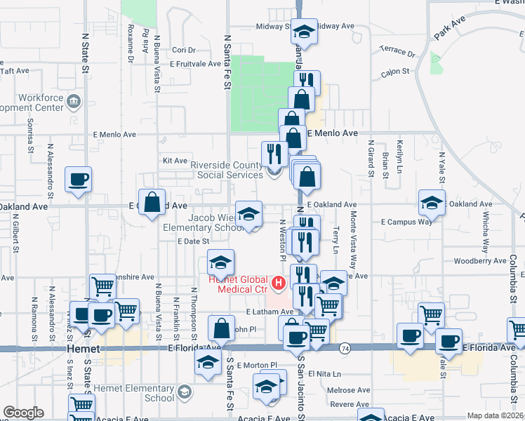 map of restaurants, bars, coffee shops, grocery stores, and more near 1095 East Oakland Avenue in Hemet