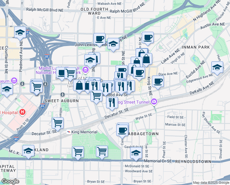 map of restaurants, bars, coffee shops, grocery stores, and more near 560 Edgewood Avenue Southeast in Atlanta