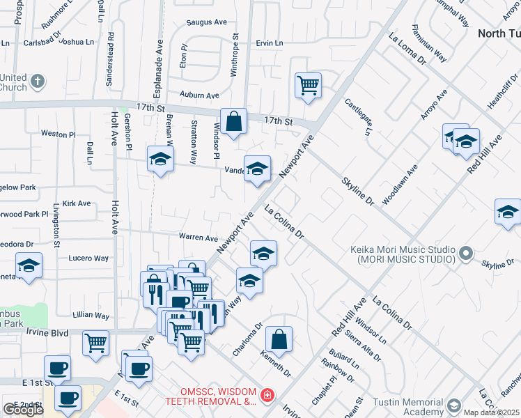 map of restaurants, bars, coffee shops, grocery stores, and more near 1011 Napa Street in Tustin