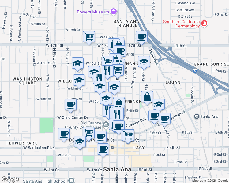 map of restaurants, bars, coffee shops, grocery stores, and more near 1010 North Main Street in Santa Ana