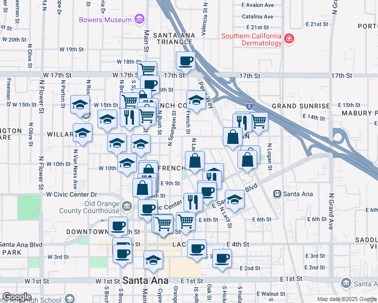 map of restaurants, bars, coffee shops, grocery stores, and more near 419 Wellington Avenue in Santa Ana