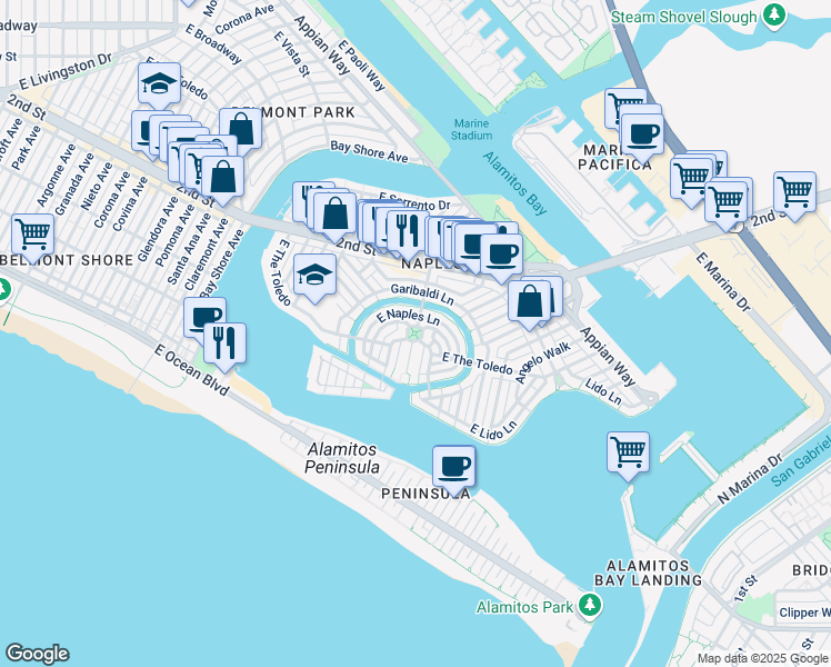 map of restaurants, bars, coffee shops, grocery stores, and more near 90 Corinthian Walk in Long Beach