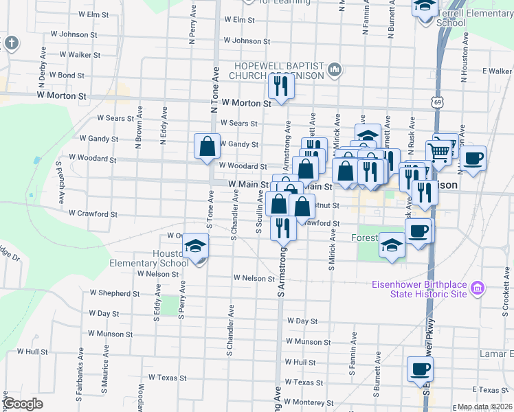 map of restaurants, bars, coffee shops, grocery stores, and more near 831 West Chestnut Street in Denison
