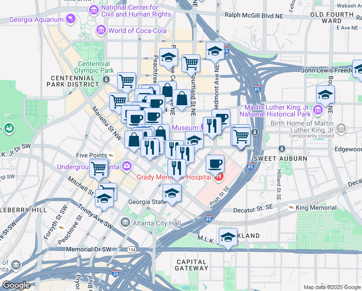 map of restaurants, bars, coffee shops, grocery stores, and more near 106 Edgewood Avenue Northeast in Atlanta