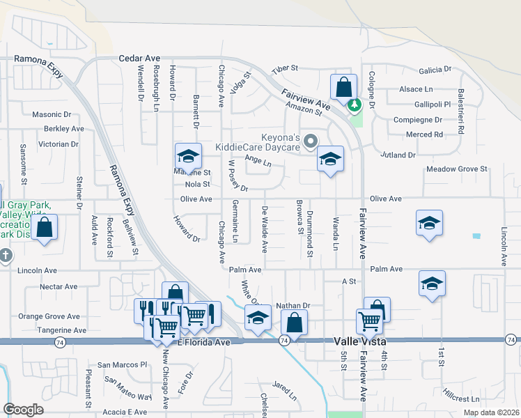 map of restaurants, bars, coffee shops, grocery stores, and more near 25289 De Waide Avenue in Hemet