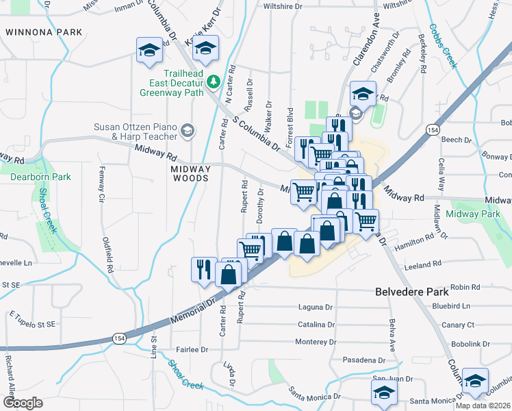 map of restaurants, bars, coffee shops, grocery stores, and more near 1342 Rupert Road in Decatur
