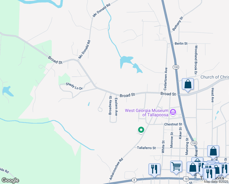 map of restaurants, bars, coffee shops, grocery stores, and more near 283 Broad Street in Tallapoosa