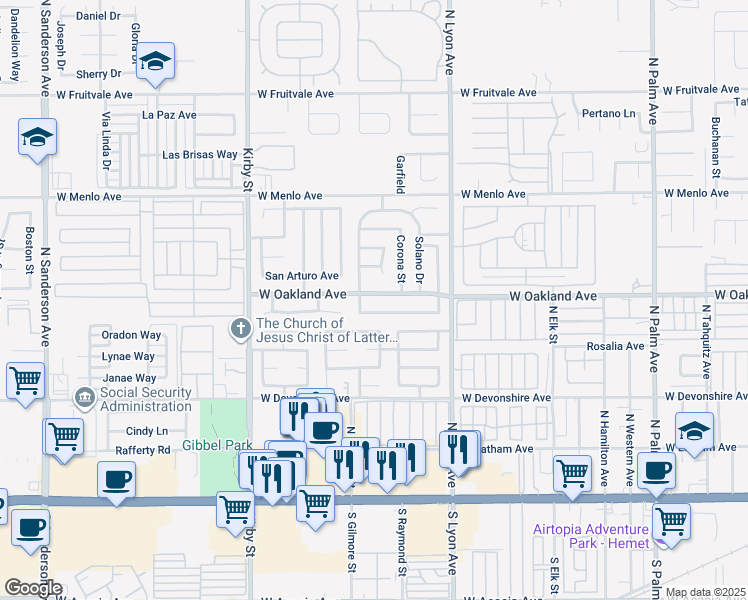 map of restaurants, bars, coffee shops, grocery stores, and more near 2023 West Oakland Avenue in Hemet