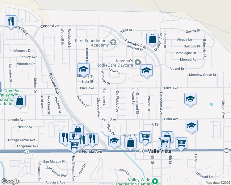 map of restaurants, bars, coffee shops, grocery stores, and more near 25289 De Waide Avenue in Hemet